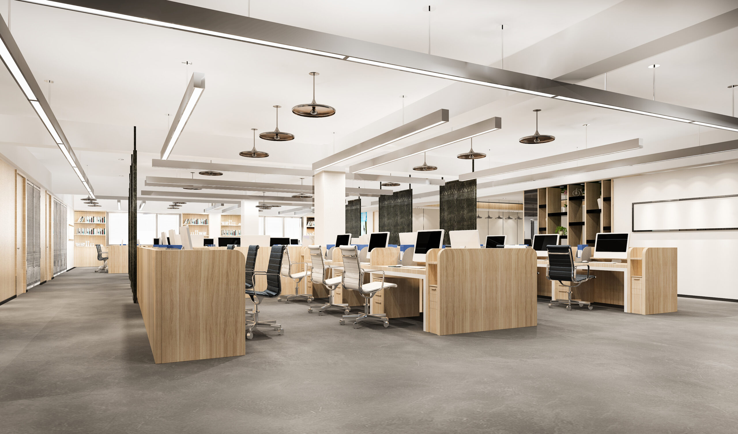 Commercial fitout services creating modern collaborative workspace with ergonomic furniture and natural lighting